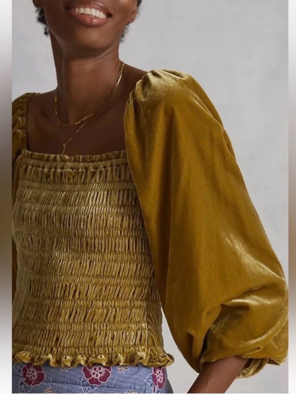 Anthropologie Gold Smocked Body Square Neck Puff Sleeved Velvet Blouse XS - Picture 2 of 11